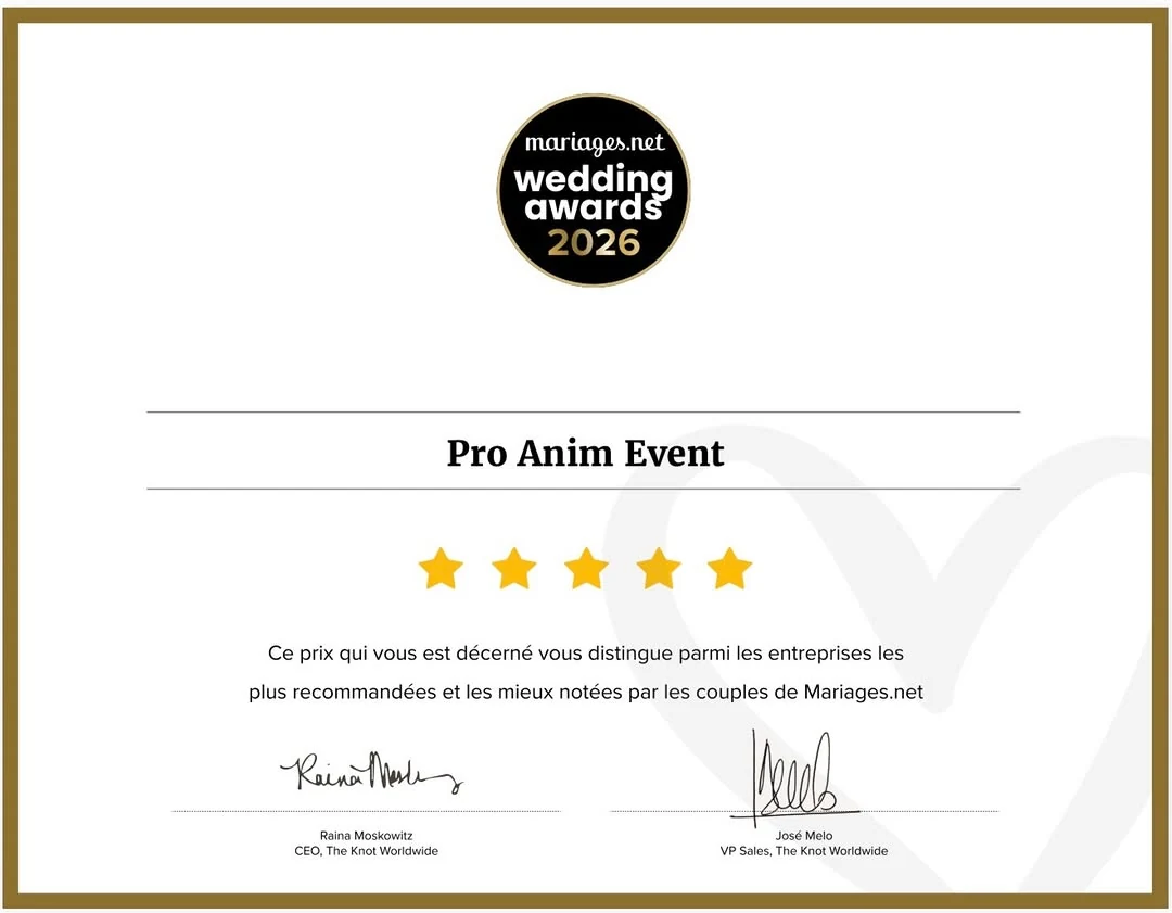 Certificat Wedding Awards 2026 Mariages.net décerné à Pro Anim Event